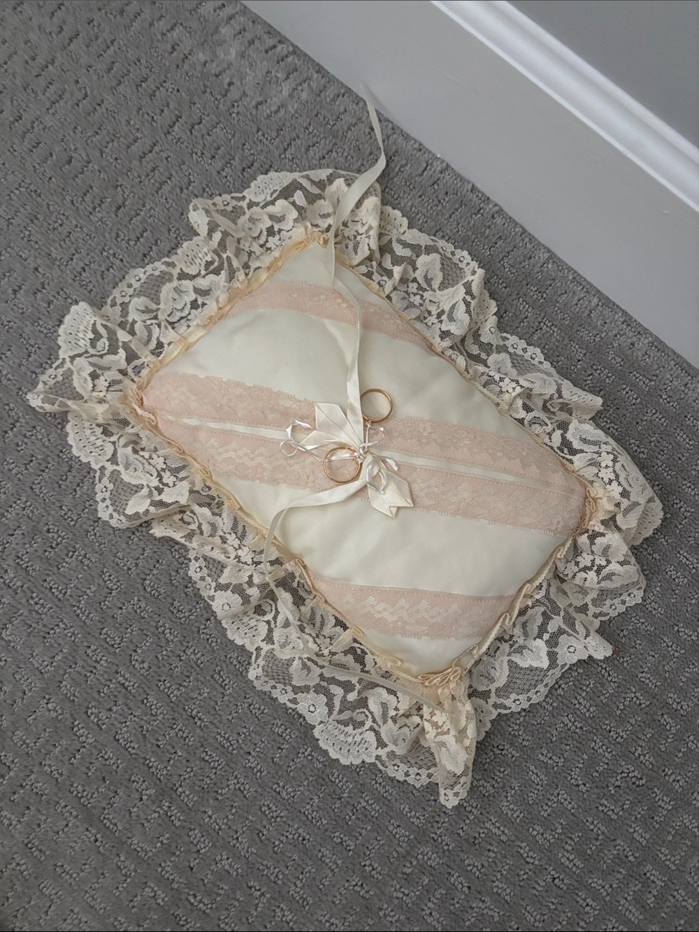 Lace Trim Satin Ring Bearer Pillow in Cream and Blush